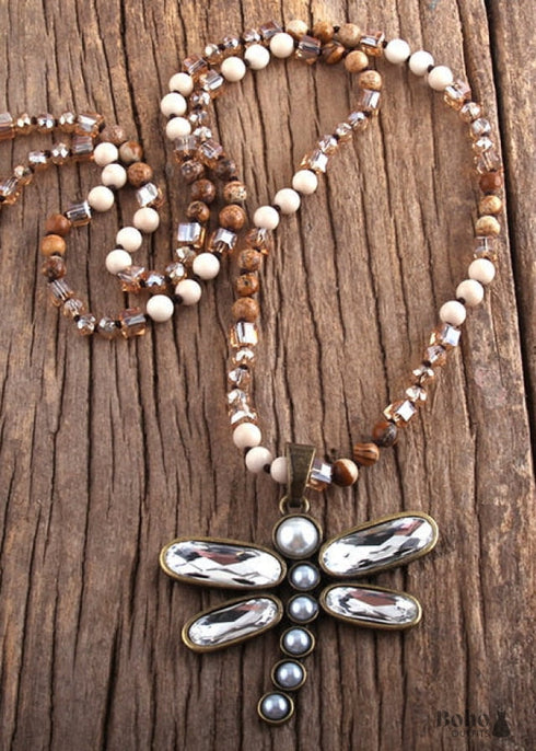 Boho Necklace, RH Amazonite Jasper, Dragonfly Brown Natural Stone